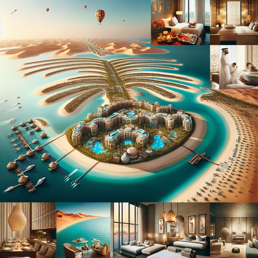 Aerial view of a luxurious island resort with pools, villas, and hot air balloons over desert landscapes.