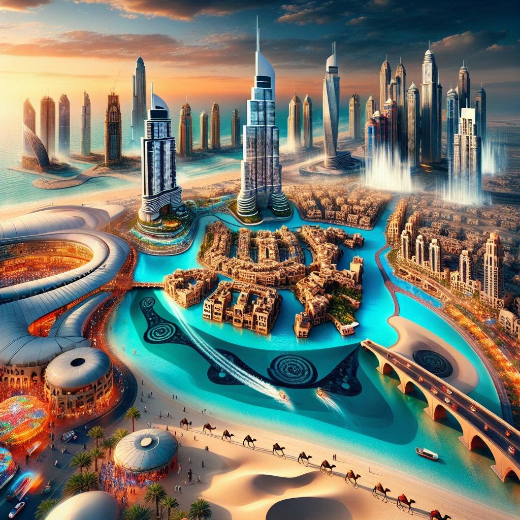 Futuristic city with tall buildings, waterways, and desert elements at sunset.