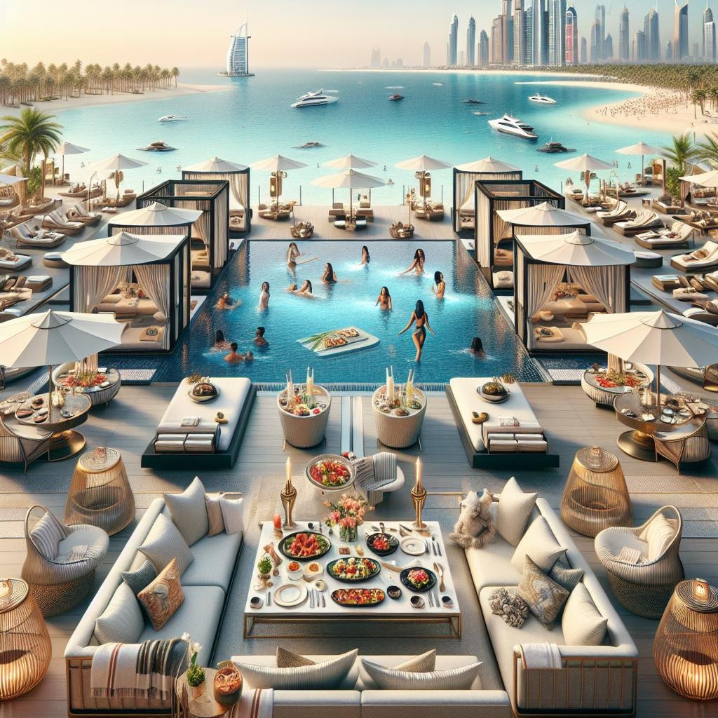 Luxury beachfront resort in Dubai featuring an infinity pool, cabanas, and beach lounge area.