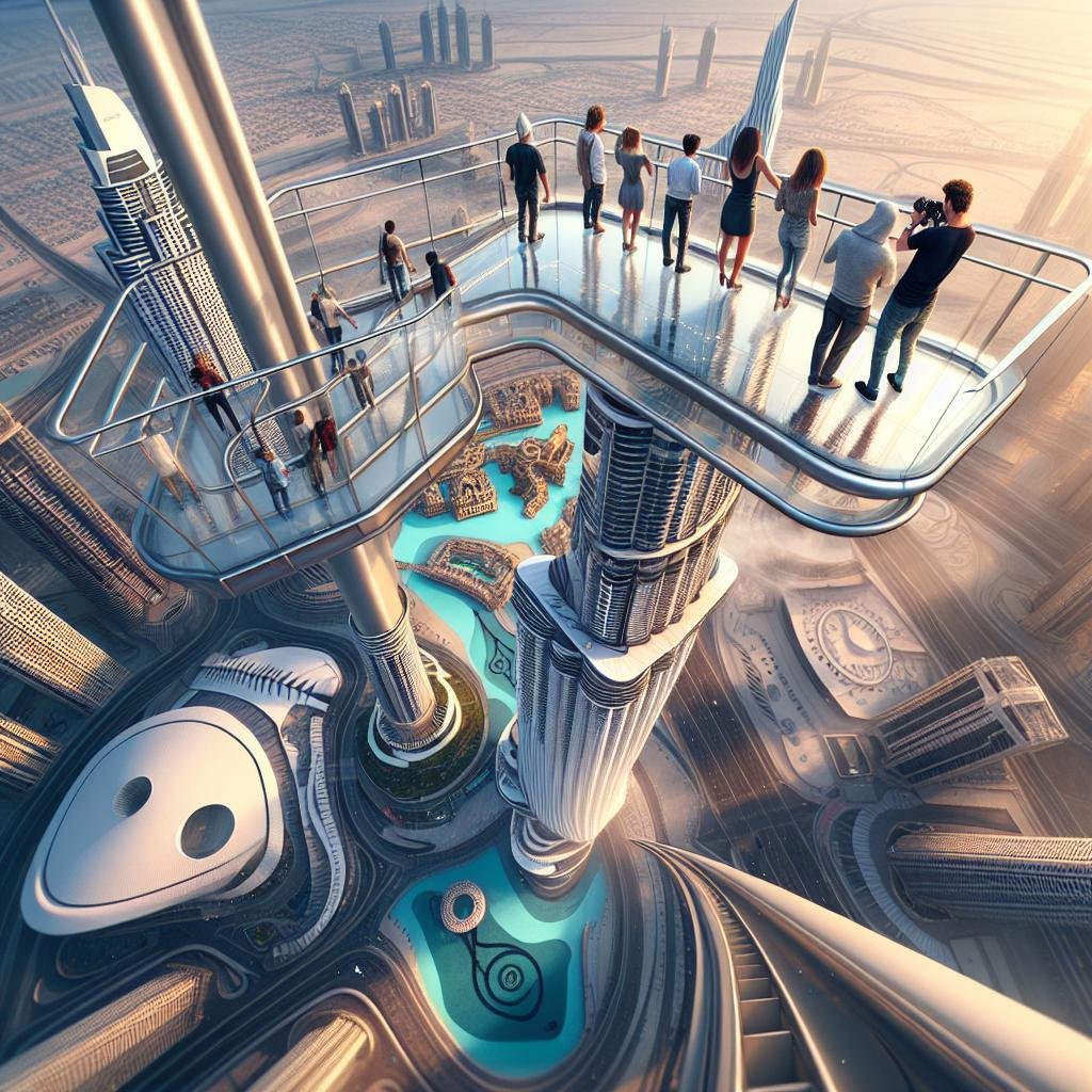 People standing on a high-rise observation deck overlooking a modern cityscape with futuristic architecture and winding roads.