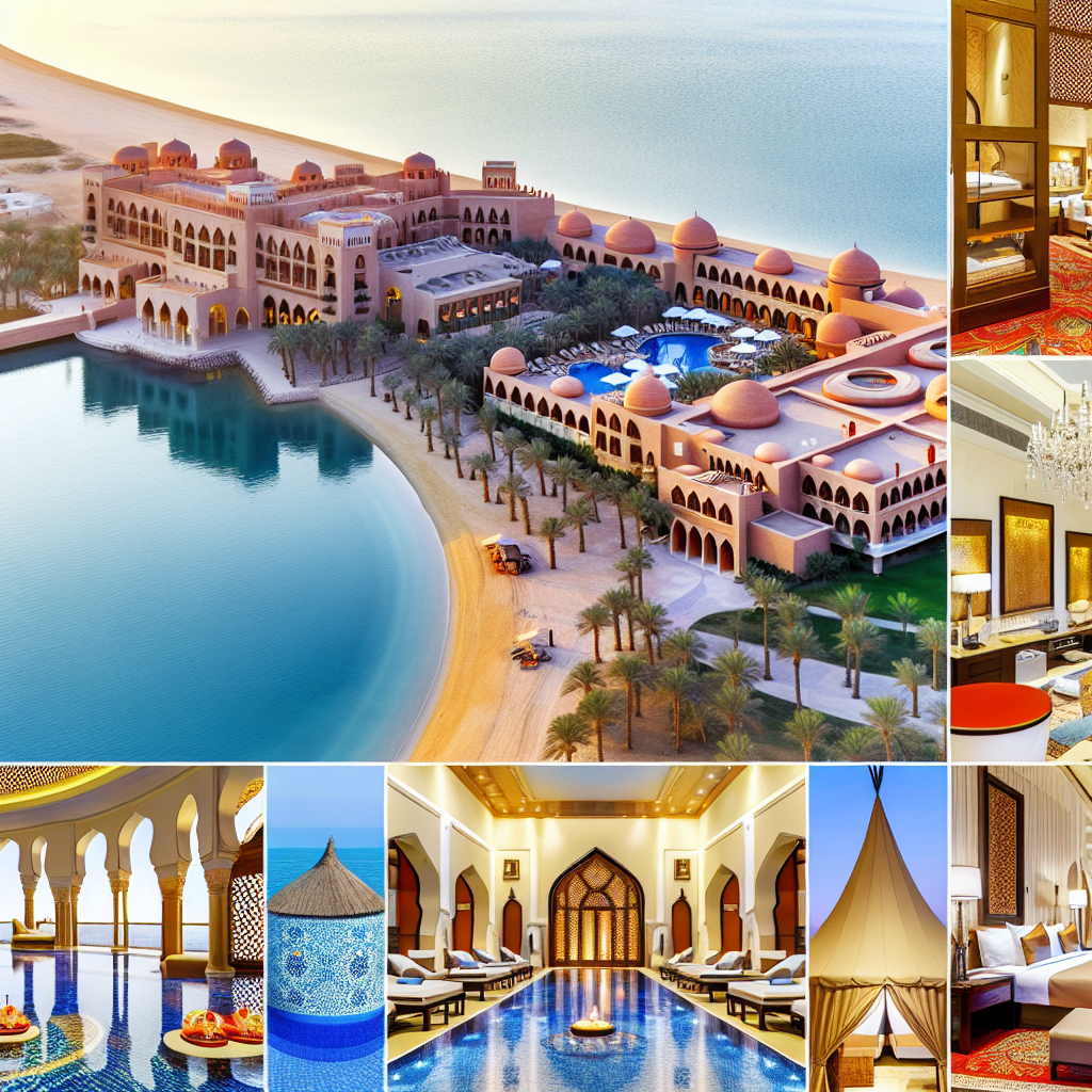 Create an image that captures the timeless elegance and luxury of The Ritz Carlton Dubai, situated along the pristine shores of the Arabian Gulf. Showcase the hotel's grand Arabian palace-inspired architecture with intricate arches, terracotta roofs, and lush gardens. Include elements such as spacious balconies with stunning views of the Arabian Gulf, lavish marble bathrooms, and opulent chandeliers within the interiors. Highlight areas like the serene spa, pristine swimming pools, and private beach to emphasize leisure and relaxation. Finally, incorporate glimpses of various dining settings, like Bedouin-inspired tents at Amaseena, chic oceanfront ambiance at La Baie, and the Asian fusion dining experience at Blue Jade. The image should exude a sense of refined luxury, tranquility, and world-class amenities, perfectly encapsulating the essence of The Ritz Carlton Dubai.