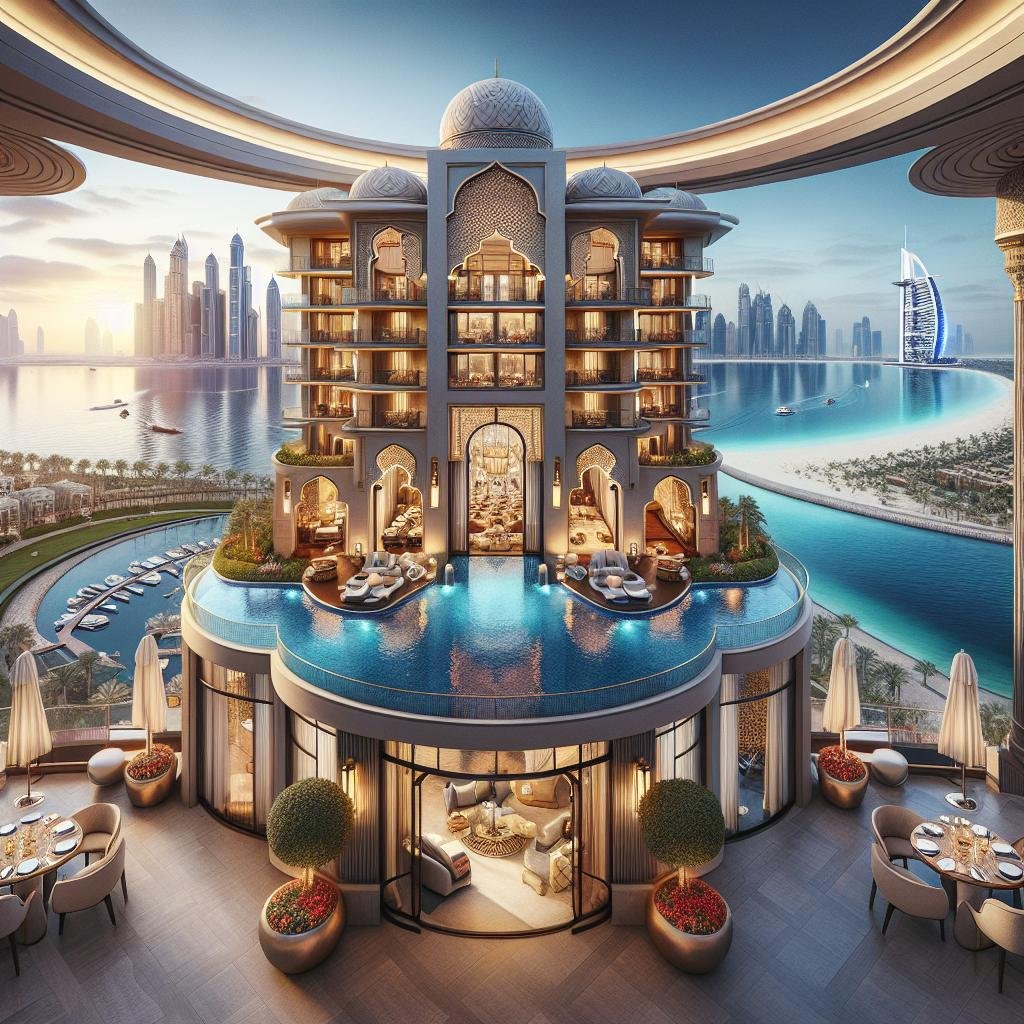 Opulent Arabian-style building with an infinity pool overlooking Dubai Marina at sunset.