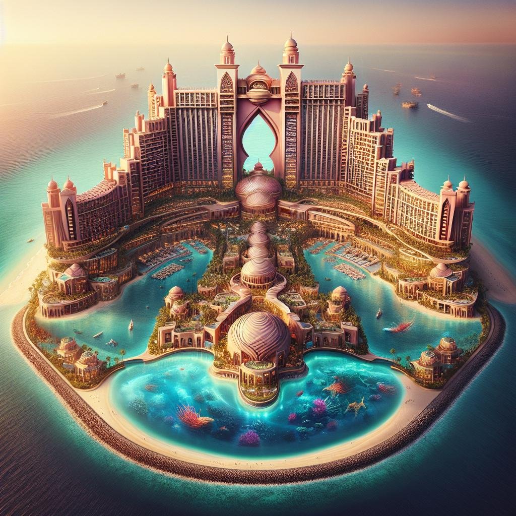 Aerial view of a lavish waterfront resort with domes and towers, during sunset.