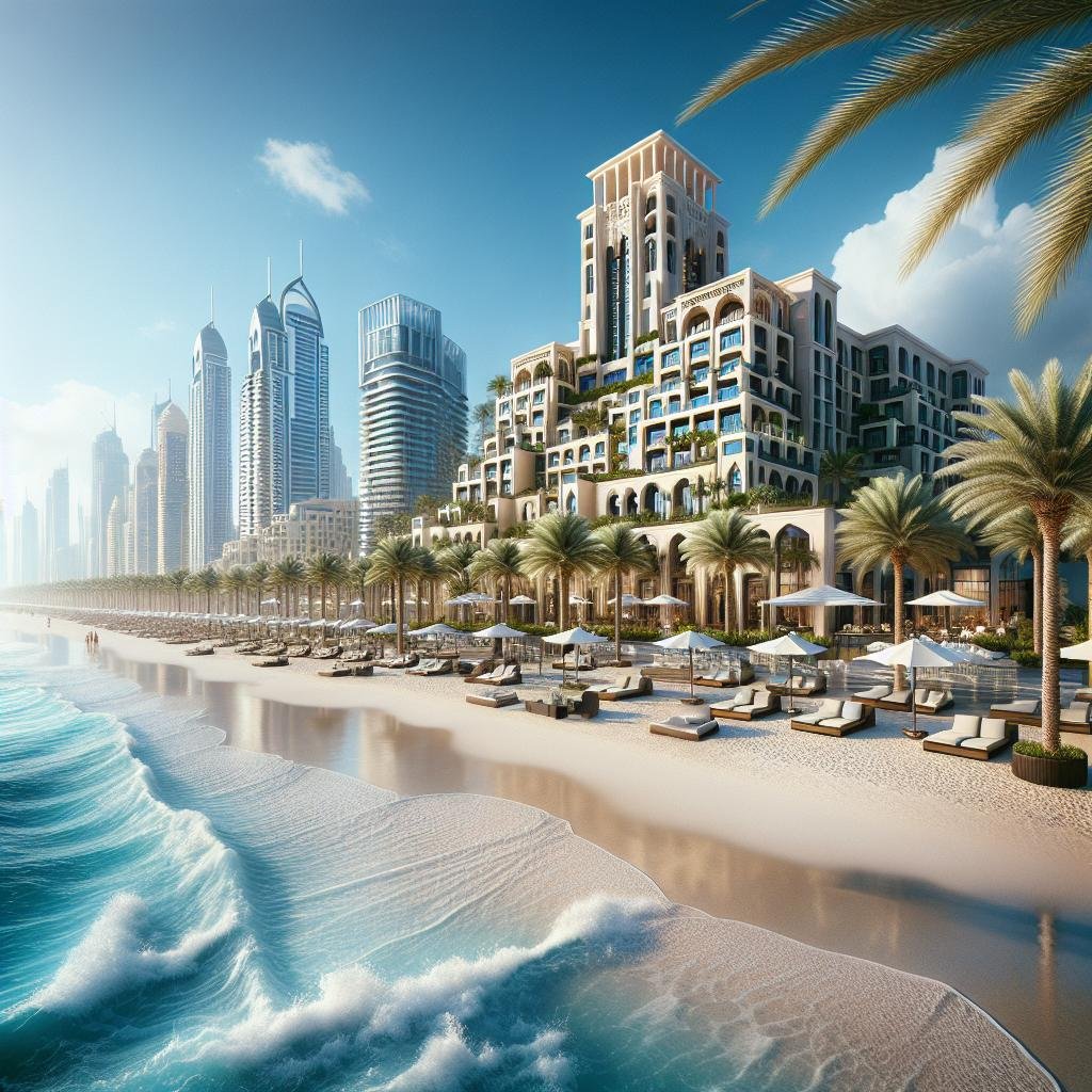 Luxury beachfront hotel with ocean view and modern skyscrapers in Dubai.