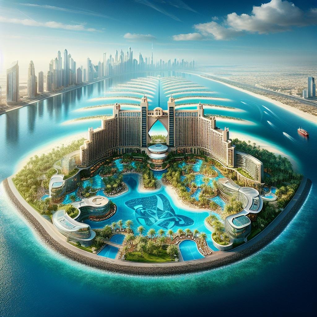 Aerial view of Atlantis The Palm hotel in Dubai with city skyline and palm-shaped islands.