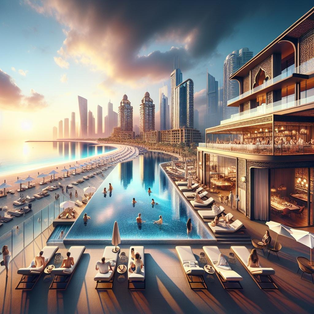 Luxurious poolside resort with lounge chairs, infinity pool, and city skyline during sunset.