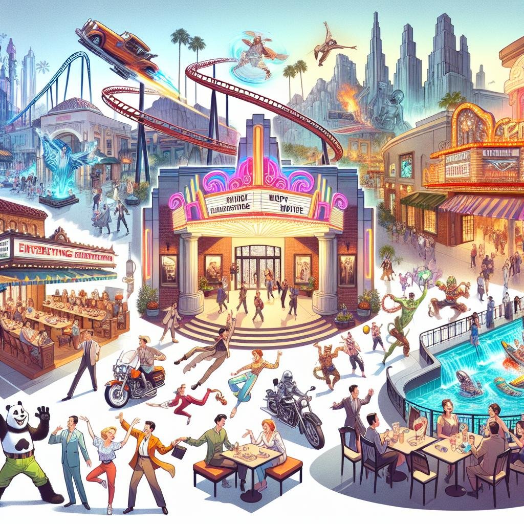 Illustrated scene of an amusement park with thrilling rides, dining areas, and lively entertainment.