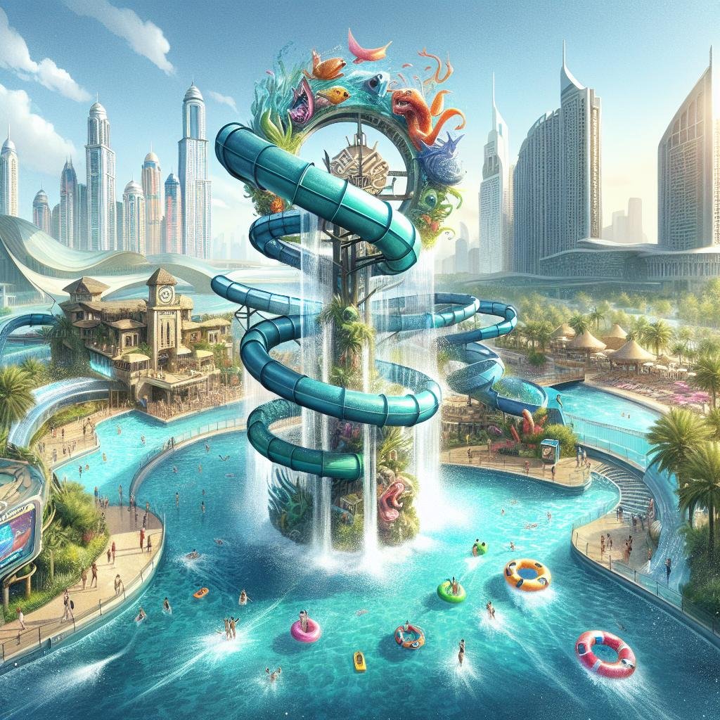 A massive water slide in a bustling water park surrounded by skyscrapers and vibrant aquatic attractions.