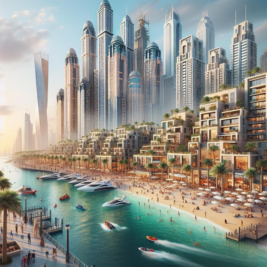 High-rise buildings and bustling beach in Dubai urban landscape