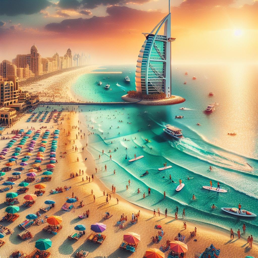 Colorful beach scene in Dubai with iconic hotel and sunset over the sea