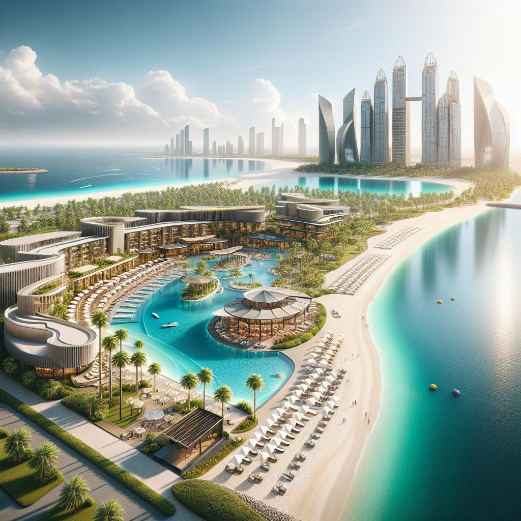 Aerial view of a luxurious seaside resort with a pool, palm trees, and a futuristic city skyline in the background.