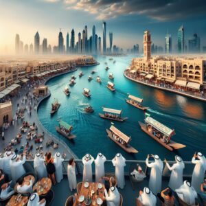 Aerial view of Dubai Creek with traditional boats and a waterfront crowd against a skyline backdrop.