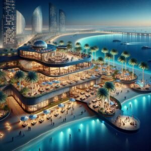 Modern beachfront resort illuminated at night with palm trees and ocean view.