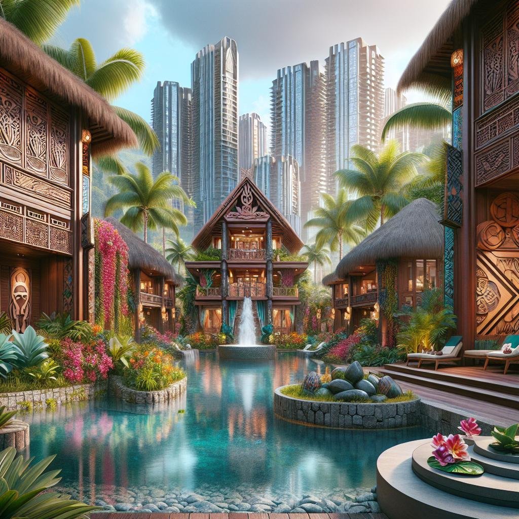 A scenic view of a tropical resort with traditional architecture, lush greenery, and a serene pool, set against towering modern skyscrapers.