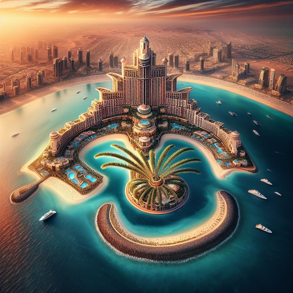 Aerial view of a palm-shaped resort island with surrounding buildings and yachts at sunset.