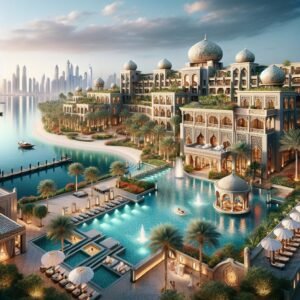 Luxurious Arabian resort with waterfront views and majestic architecture set against a backdrop of a city skyline.