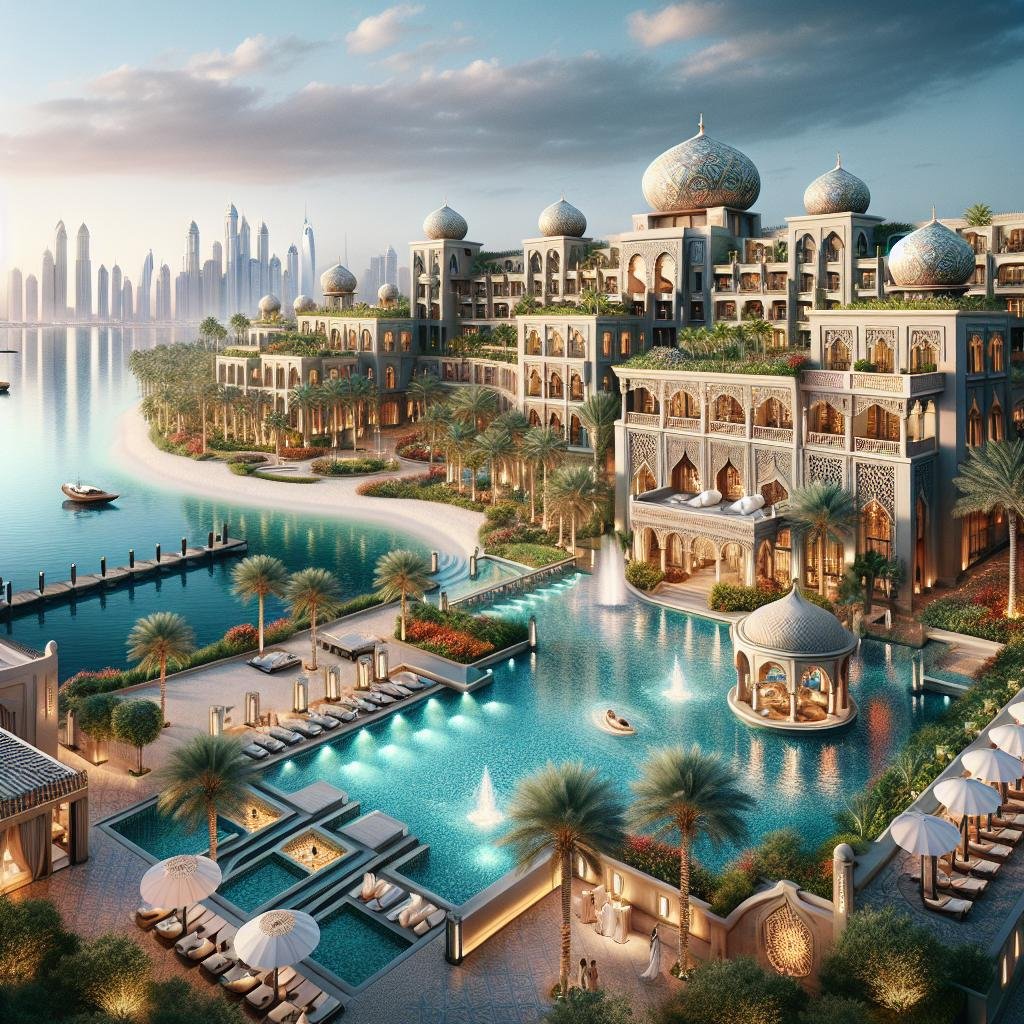 Luxurious Arabian resort with waterfront views and majestic architecture set against a backdrop of a city skyline.