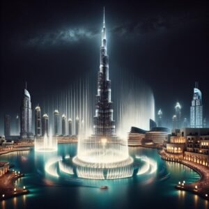 Illuminated cityscape of Dubai with a prominent skyscraper and water fountains at night.