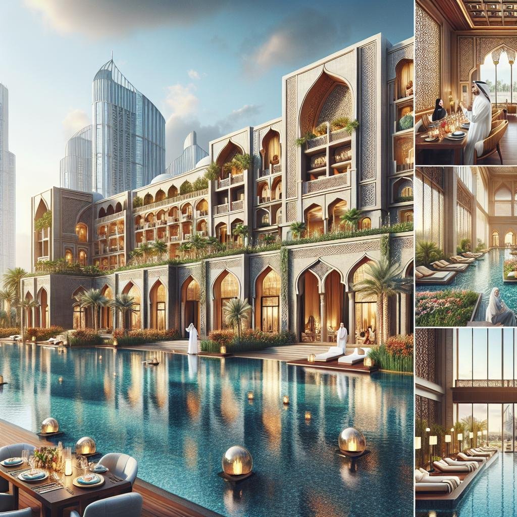 Arabian-inspired luxury hotel with an infinity pool and city skyline.